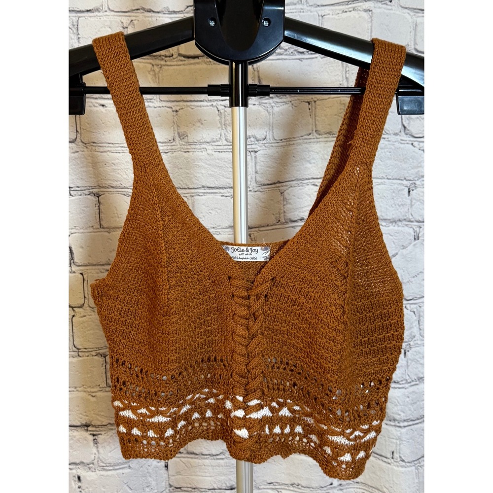 Jolie & Joy Rust Brown Crochet Knit Crop Top V-Neck Boho Festival Large